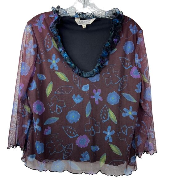 Uniform John Paul Richard Retro Floral Top Sheer Sleeves Ruffle Neck Y2K Size L - Picture 1 of 16